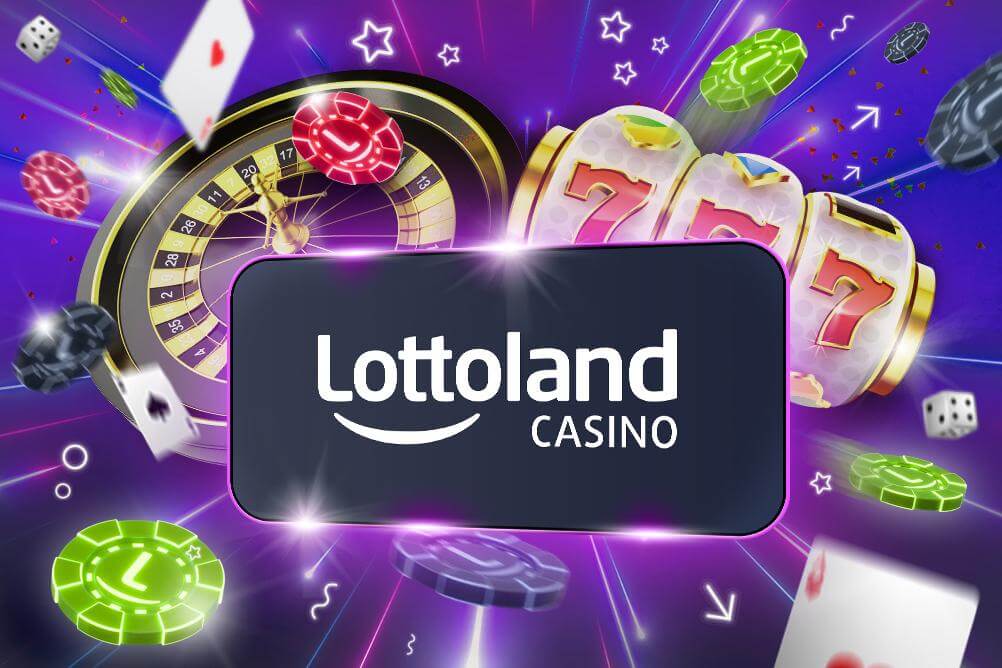 Lottoland Casino on phone with casino objects flying in background