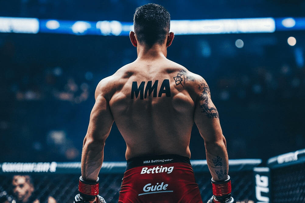 A muscular MMA fighter stands in the cage, facing the crowd, with "MMA" tattooed on his back and sponsorship logos on his shorts.